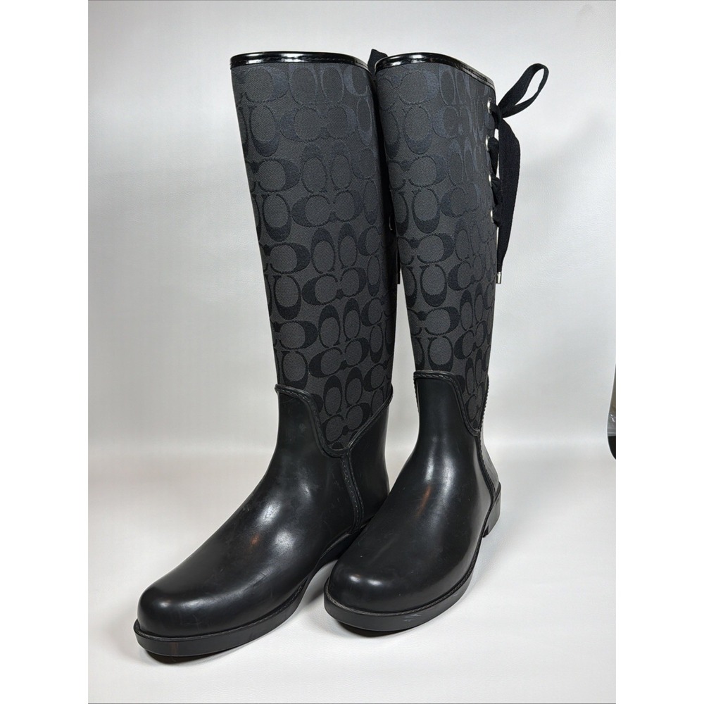 Coach Tristee Signature Rain Boots Women's 8B Black Lace Up Knee High Flaw
